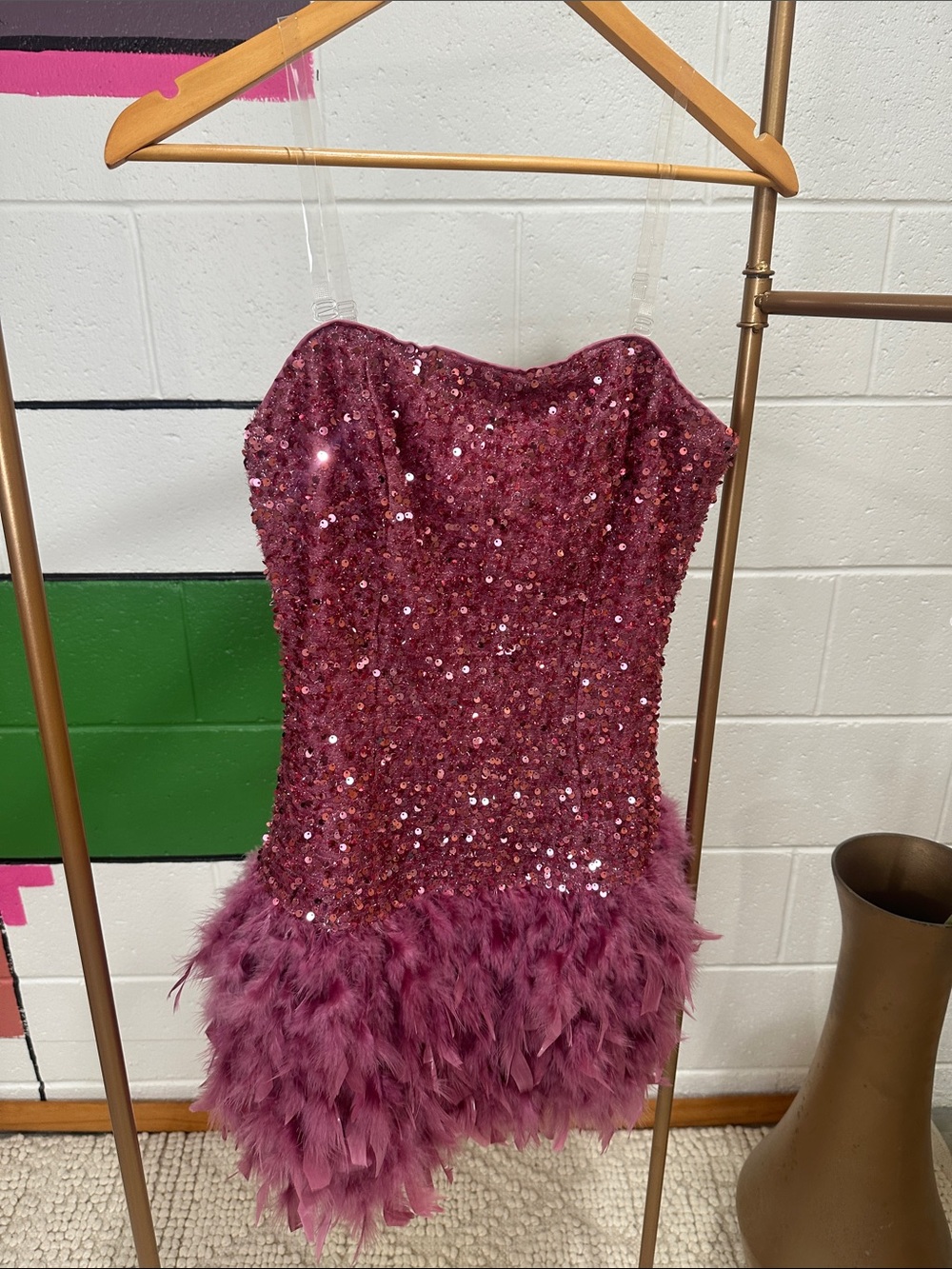 Sequin Feather Mini Dress in Berry